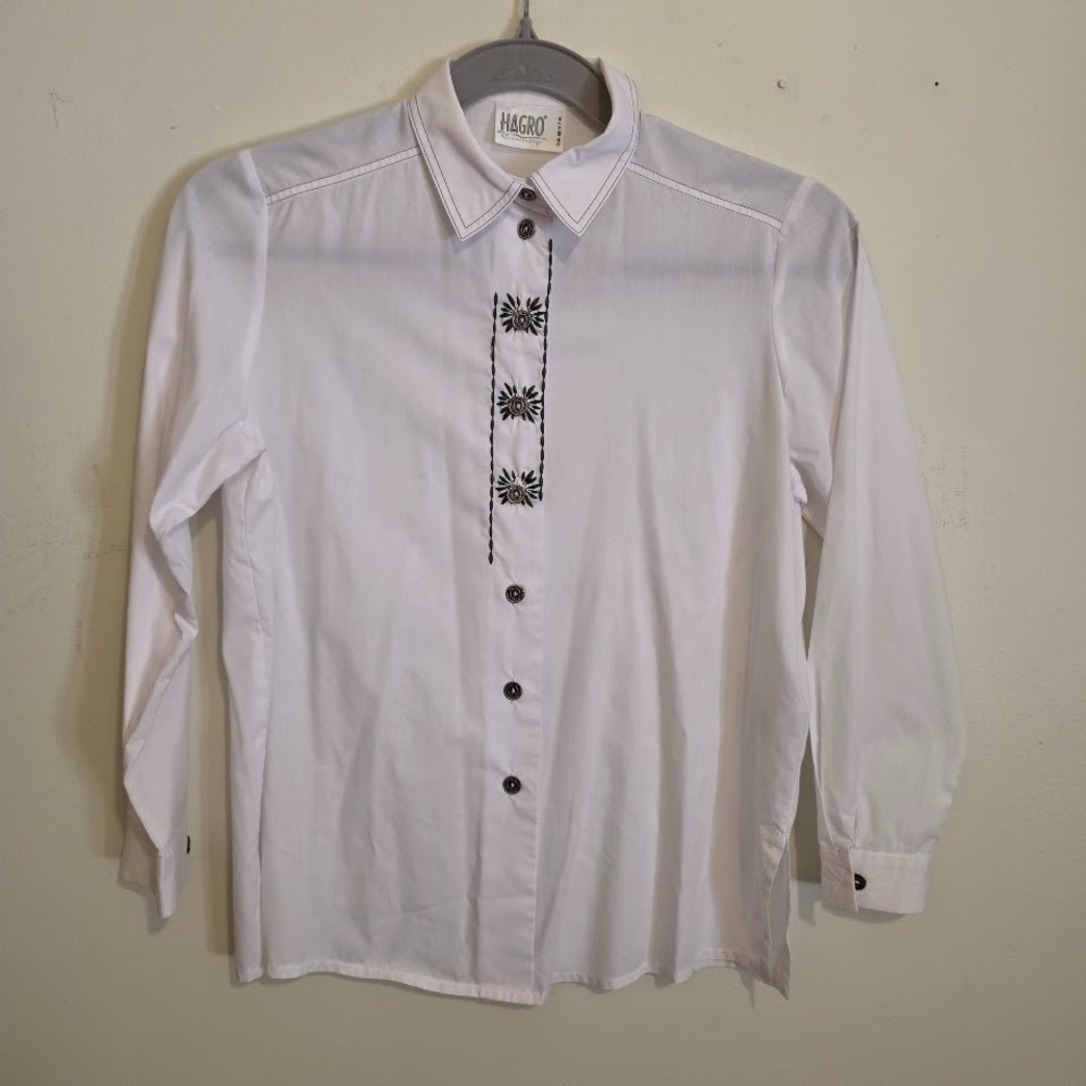 Vintage Hagro Country Trachten Blouse White Edelwiess Pewter Buttons Sz 14/Med